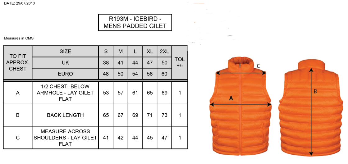 DONEMANA CC Padded Gilet : Navy - Size Guide
