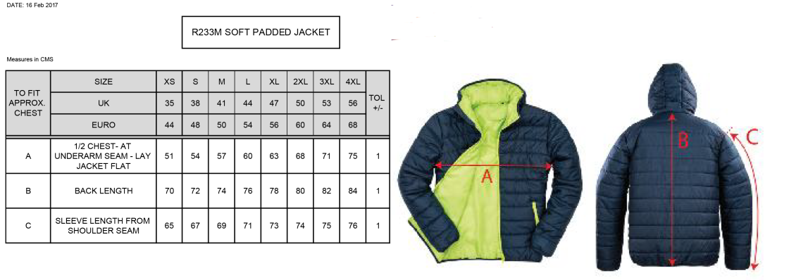 DONEMANA CC Supersoft Padded Jacket : Navy - Size Guide