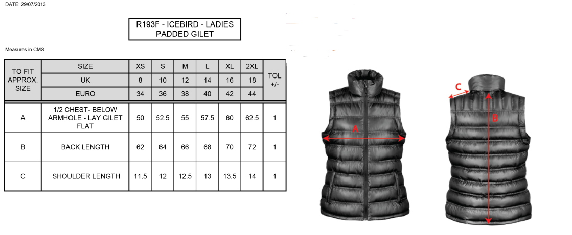 Donemana CC Women's Padded Gilet : Navy - Size Guide