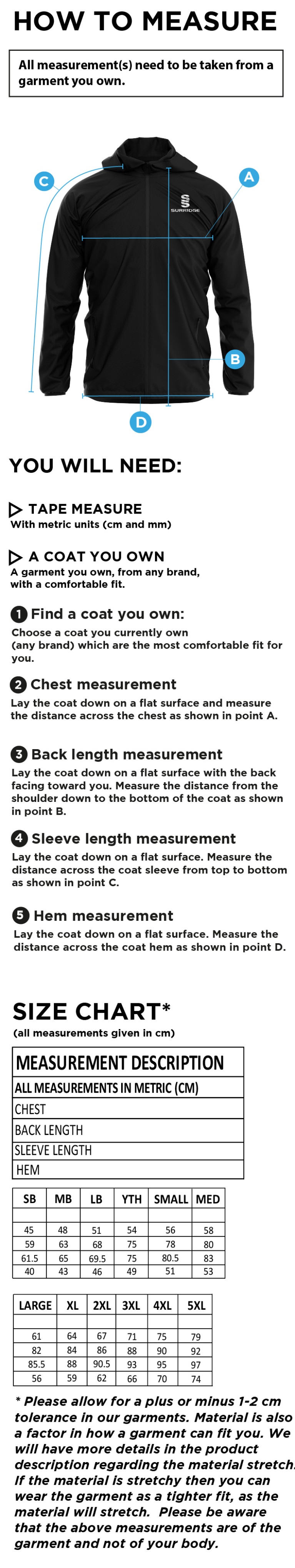 Donemana CC Dual Full Zip Training Jacket : Royal - Size Guide