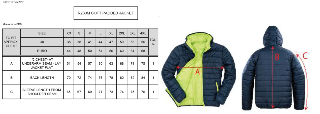 DONEMANA CC Supersoft Padded Jacket : Navy - Size Guide
